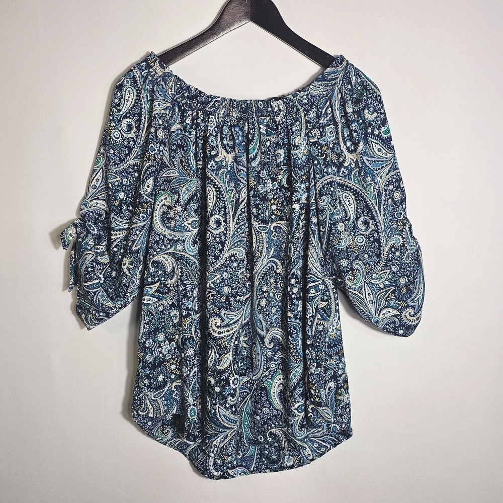 Westport Women's Off Shoulder Boho Peasant Top BLue Paisley Tie Sleeve Size L - Picture 3 of 10